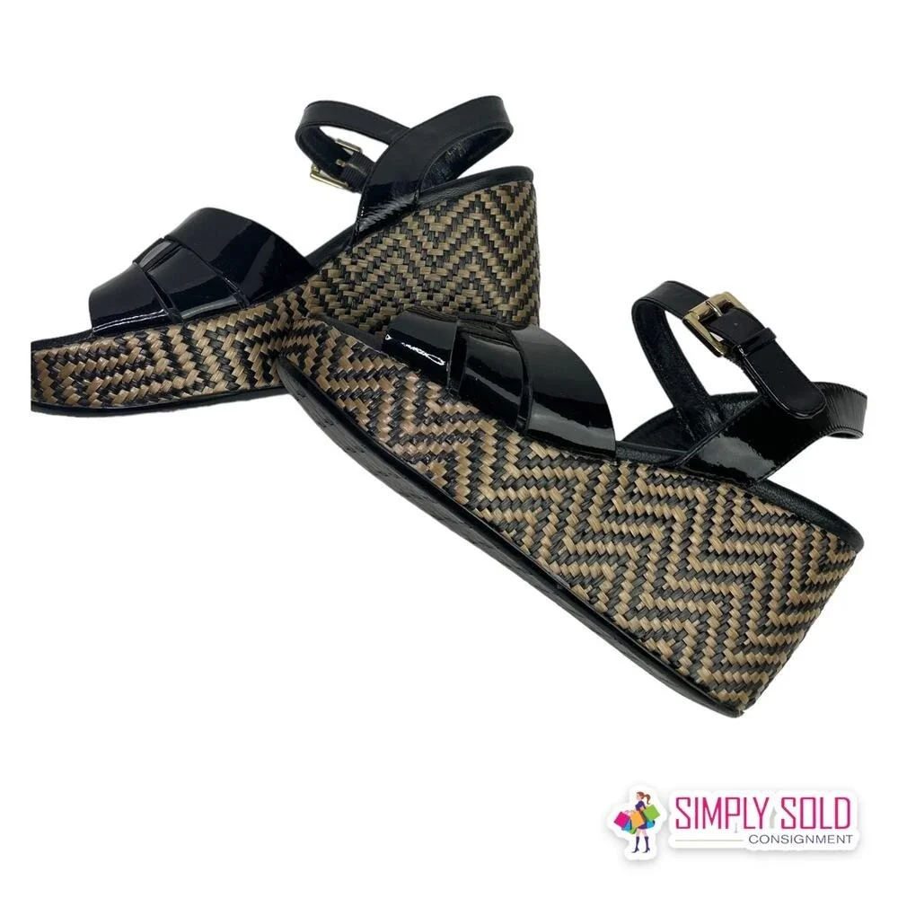 Amalfi By Rangoni Monna Vernice Sandals Womens 6M Black Brown Wedge‎ Shoes